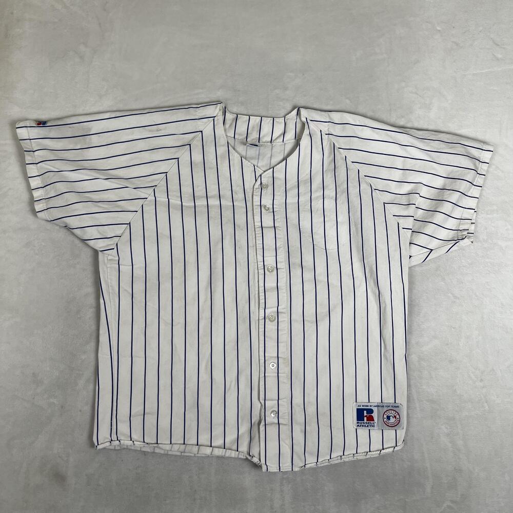 Vintage Russell Athletic Blank Jersey Mens 2XL White MLB Pinstripe 90s USA Made